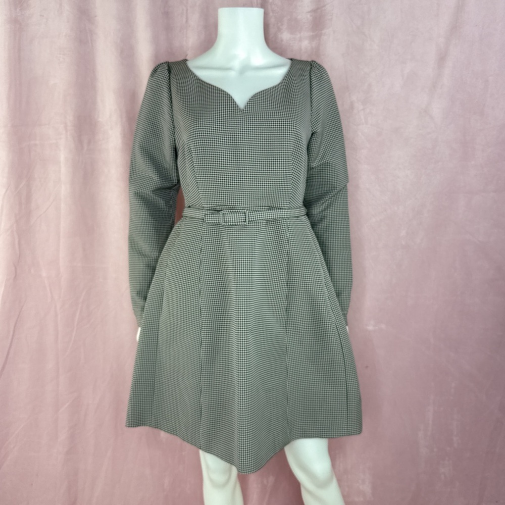 NWT Co Collections Womens Houndstooth Mini Dress Black Gray Size Medium Belted